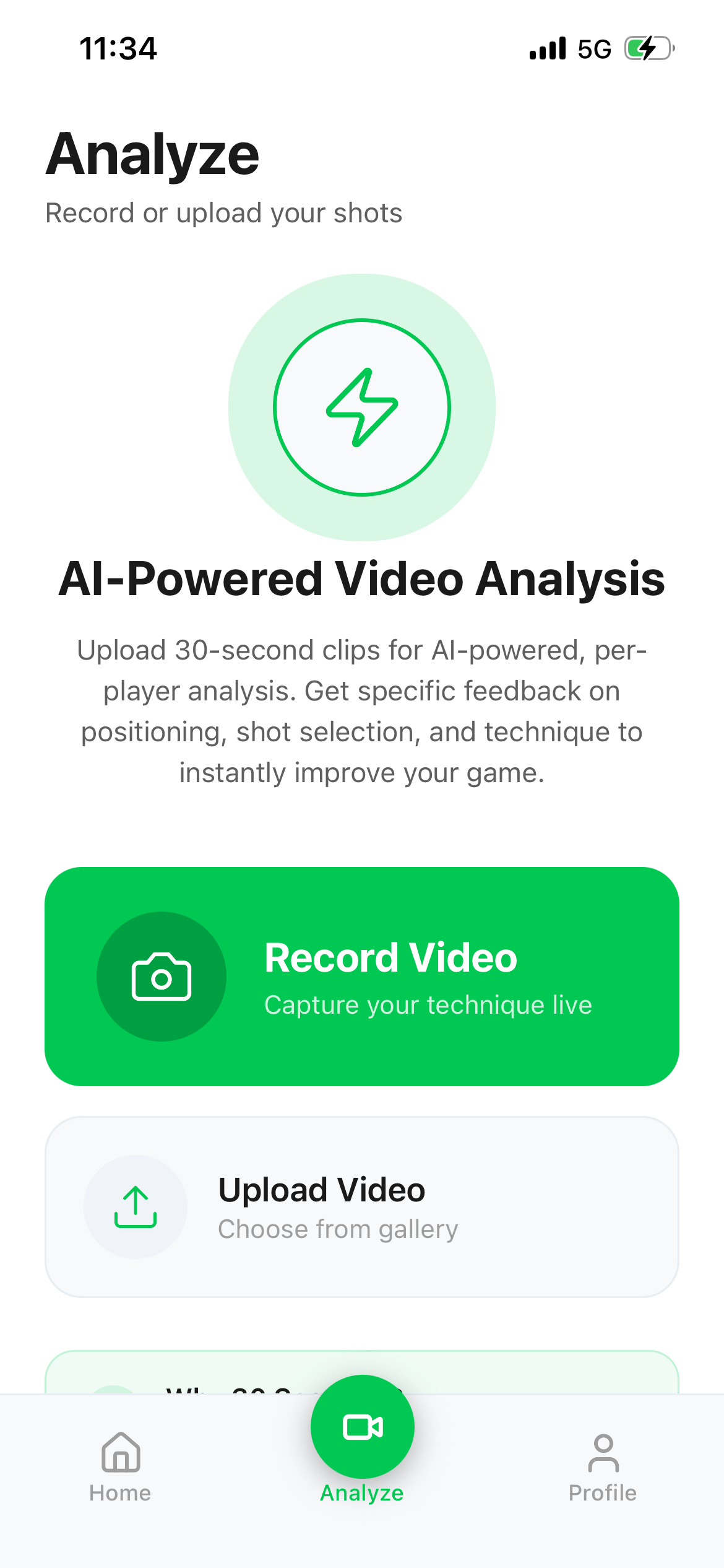 Padel Coach App analyze screen for AI-powered video analysis