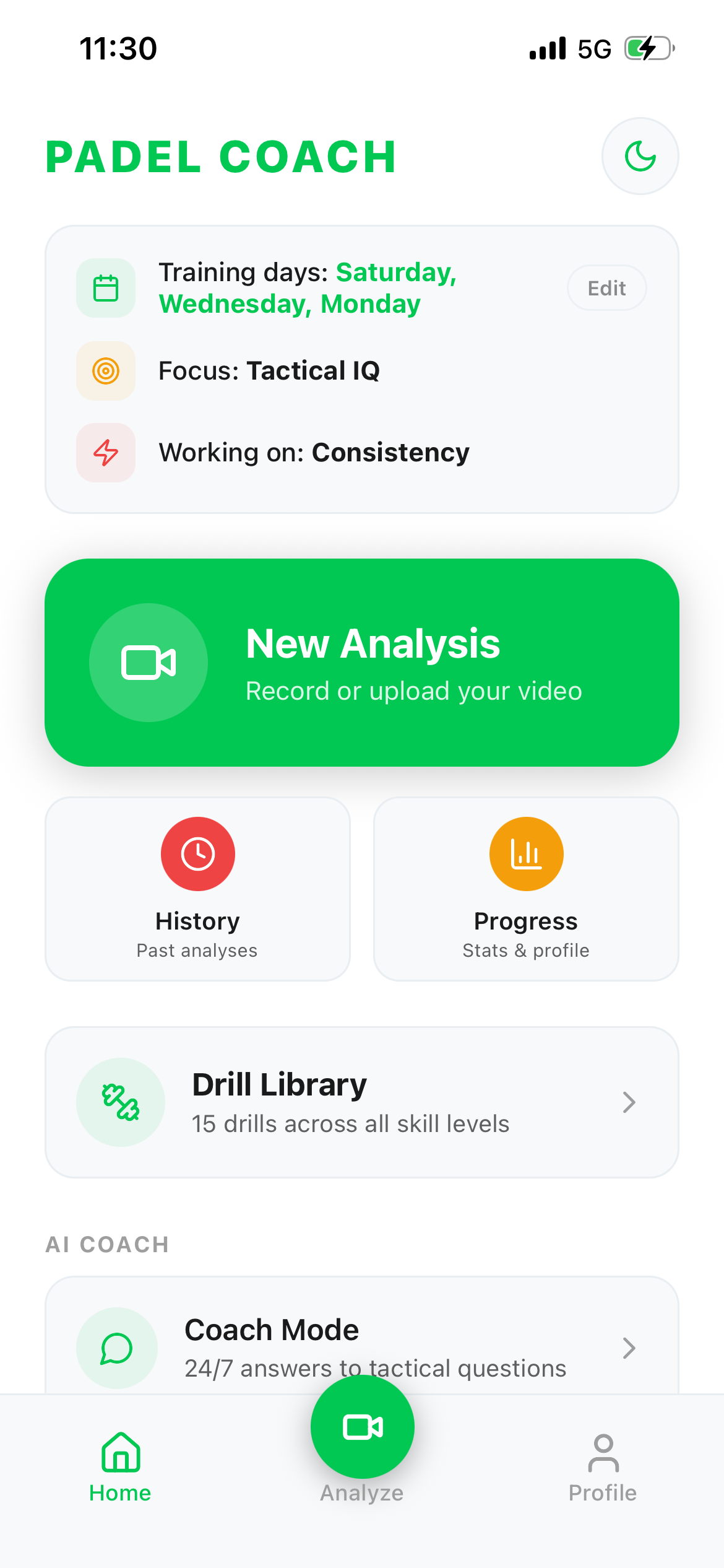 Padel Coach App home screen with new analysis, history, and progress