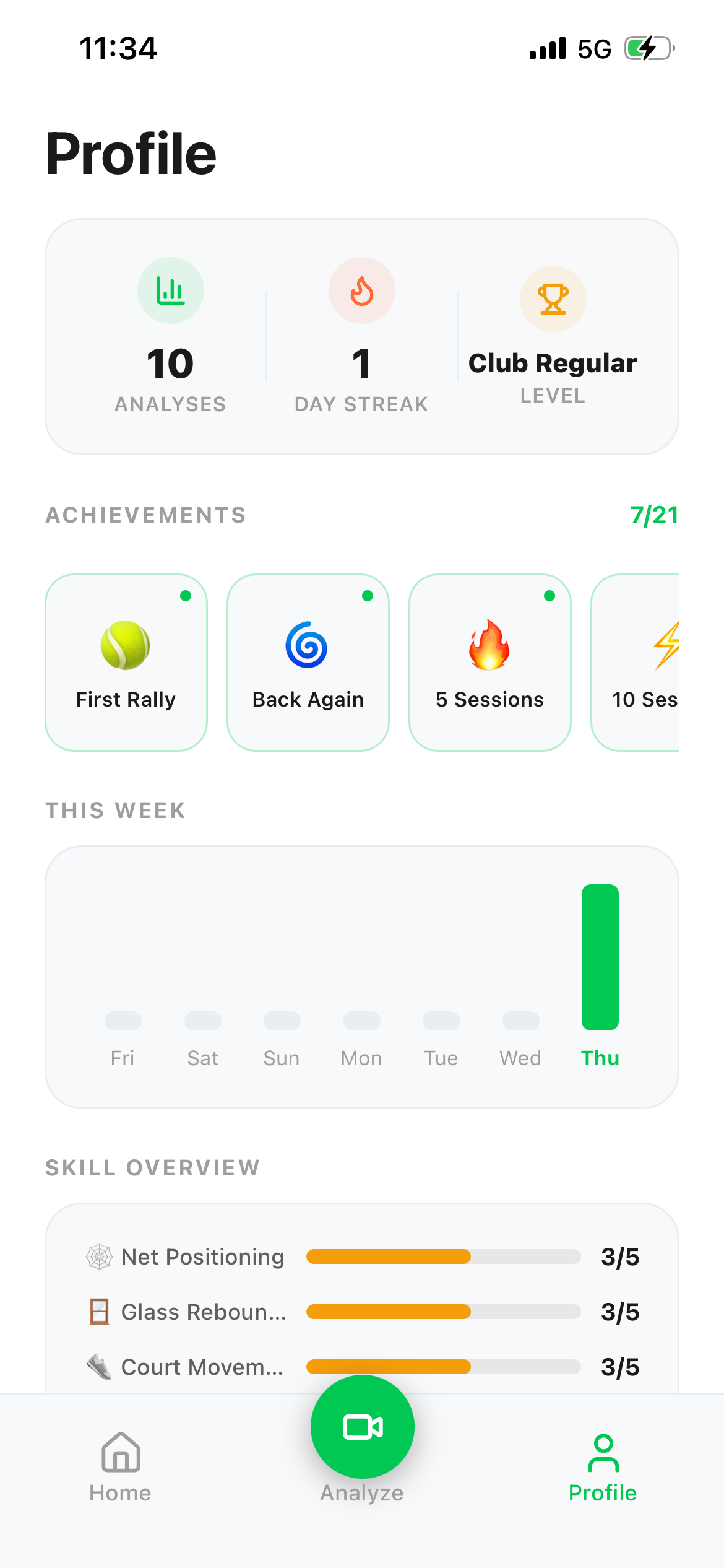 Padel Coach App profile screen with achievements, weekly activity, and skill overview