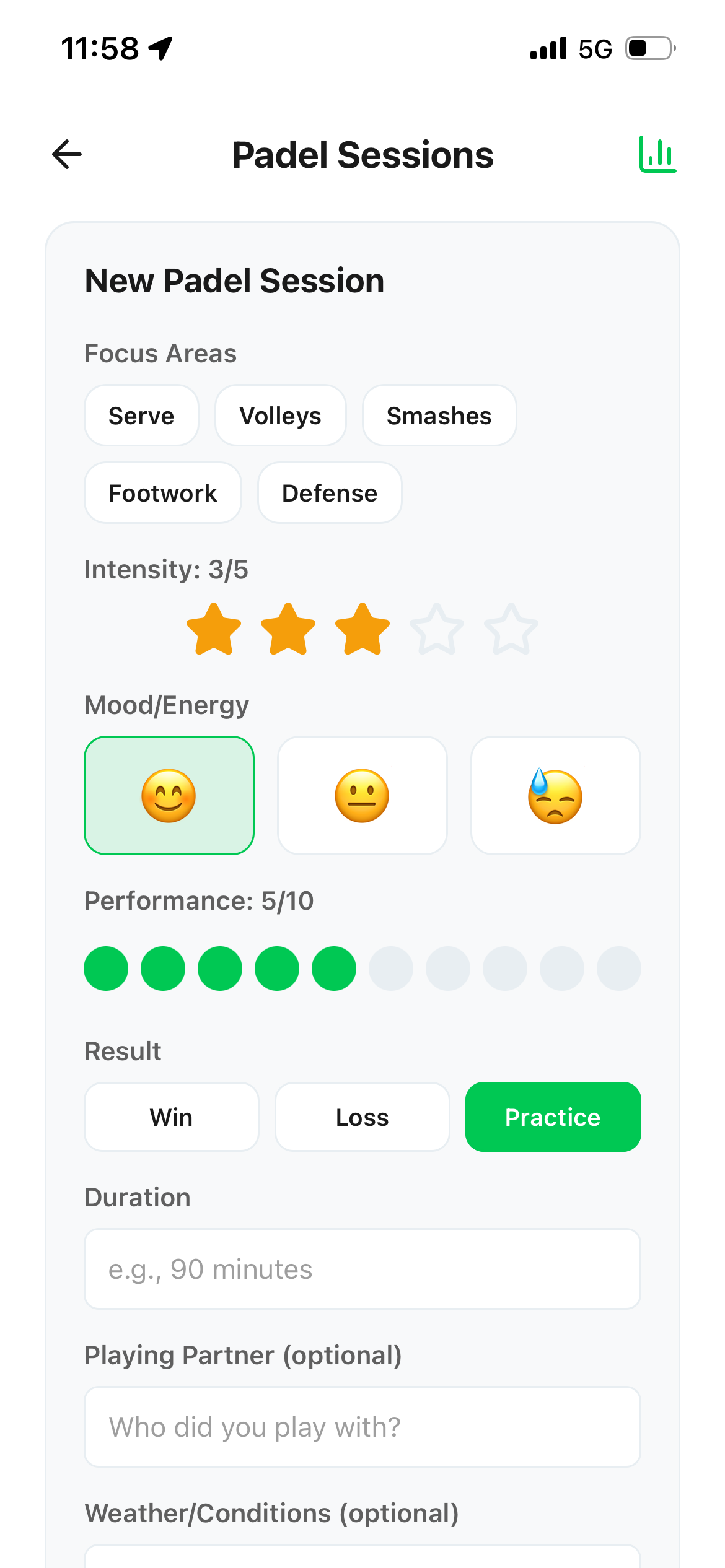 Padel session log with focus areas, intensity, performance and match details